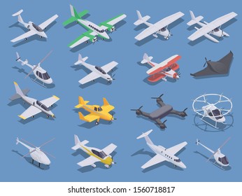 Air transport isometric icons set with small planes helicopters and drones isolated on blue background 3d vector illustration