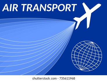 Air transport leaflet background. Dark blue flyer or brochure cover with white aircraft silhouette and earth symbol. Elegant minimalist design. Vector EPS 10