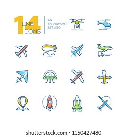 Air transport - line design icons set. Colorful pictograms. Plane, helicopter, airship, balloon, jet fighter, cargo, quadcopter, flying saucer, hang glider, drone, rocket, space shuttle, airplane