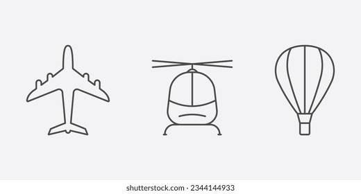 Juego de iconos de la línea de transporte aéreo. Colección de pictogramas lineales de globo aerostático, helicóptero, globo aerostático. Firma de esquema de envío de carga Jet. Símbolo de crucero de vuelo. Stroke editable. Ilustración de vectores aislados.