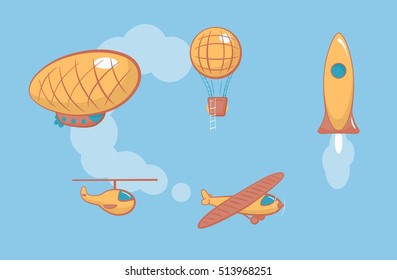 Air transport on the background of sky. Airship, balloon, rocket, airplane, helicopter. Vector illustration.