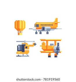 Air transport. Pixel art style icons. Airplane, helicopter and balloon. 8-bit. Game assets. Isolated abstract vector illustration.