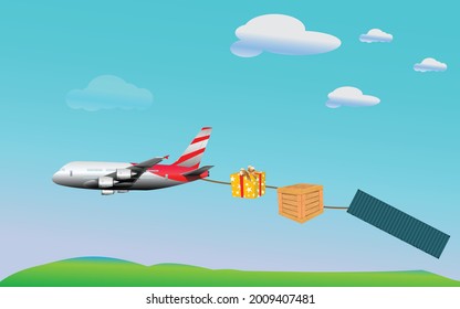 air transport. The plane is dragging cargo with ropes in the air. freight cargo plane in transport and import-export commercial logistic.