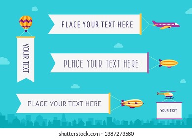 Air transport with posters and banners flat style vector illustration. Part seven.