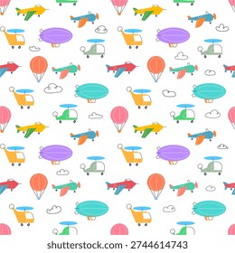 Air transport seamless pattern with airplanes helicopters and balloons for nursery decoration. Minimalist flat vector illustration in retro mid century modern style for aviation themed designs, kids book, and travel projects.