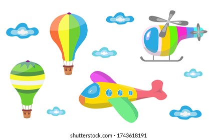 Air transport set. Airplane, air balloon, helicopter. Vector Illustration for printing, backgrounds, wallpapers, covers, greeting cards, posters, stickers, textile, seasonal design. Isolated on white