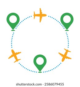 Air Transport, Tourism Concept, Vector Illustration, Design Flying Airplane with map icon. Isolated, line art icon, use for T-shirt, Aviation track symbol, trip in various country, travel pin location