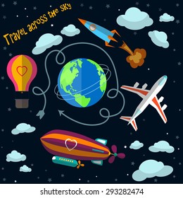Air transport for traveling: airplane, balloon, hang gliding, parasailing, airship, space rocket. Vector flat illustration