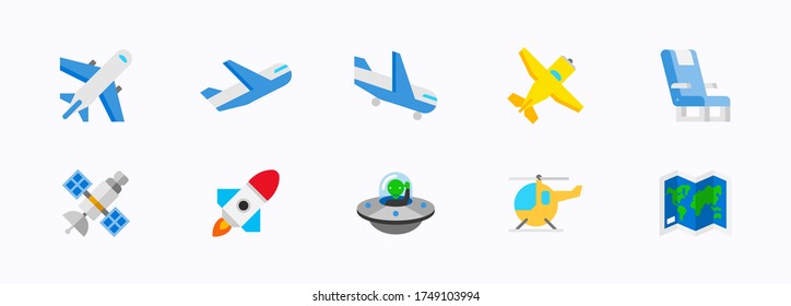 Air transport vector icons set. Air transportation. Isolated airplane, plane departure and arrival, propeller, helicopter, space saucer, rocket start up, satellite flat colored symbols collection