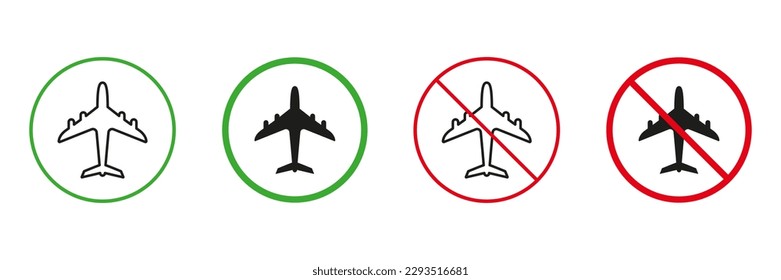 Air Transportation, Aviation Red and Green Road Warning Signs. Airplane Line and Silhouette Icons Set. Permit and Not Allowed Traffic Signs. Isolated Vector Illustration.