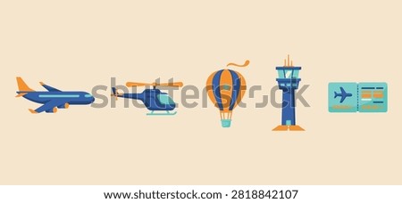 Air transportation icon set with airplane, helicopter, hot air balloon, control tower and boarding pass