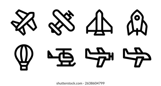 Air Transportation Icon Set, representing various modes of air travel including planes, helicopters, rockets, and hot air balloons.
