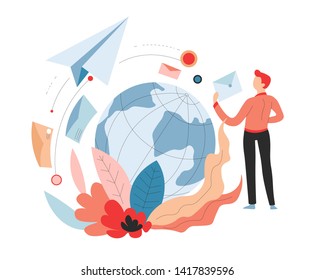 Air transportation international delivery service post or mail vector earth globe and paper plane postage or online shopping orders distribution or shipping envelopes with letters and man receiver