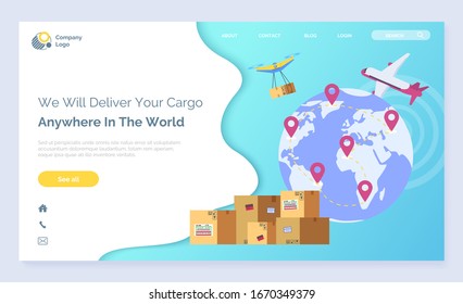 Air transportation, international delivery service landing web page vector. Earth globe and plane, online shopping, distribution or shipping. Quadrocopter and place pointer, parcels illustration