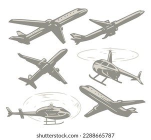 Air transportation monochrome set stickers with airplanes and helicopters for transporting cargo and passengers across sky vector illustration