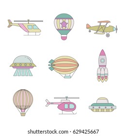Air transportation outline colored icon set. Clean and simple design. Part six.