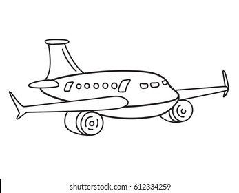 Air transportation sketch, vector passenger airplane black contour on white. Cartoon illustration for coloring book, travel and tourism symbol. Aircraft, plane, flying machine doodle graphic design.
