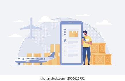 Air transportation that can be delivered anywhere. there is a system allowing customers to check the product status. vector illustration