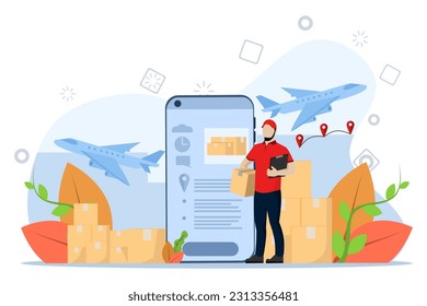 Air transportation that can be delivered anywhere. There is a system that allows customers to check product status. cross country delivery. flat vector illustration on a white background.
