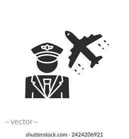 air transportation work icon, airplane pilot, profession fly airplane, uniform airport worker, flat symbol - editable stroke vector illustration