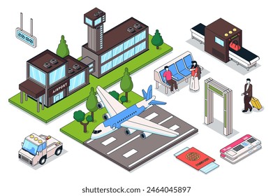 Air travel 3d isometric mega set. Collection flat isometry elements and people of airport building, passport or ticket control, waiting hall, passenger luggage, transfer to plane. Vector illustration.