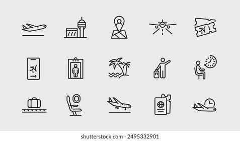 Air travel and airport icons. Large set of air travel and airport trendy minimal icons. Airplane, Map Pin, Luggage icon. Design signs for web page, mobile app, packaging design. Vector illustration