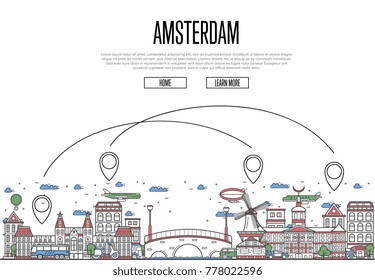 Air travel to Amsterdam poster with historic architectural attractions and air route symbols in linear style. Amsterdam landmarks on white background. European airway tourism vector illustration.
