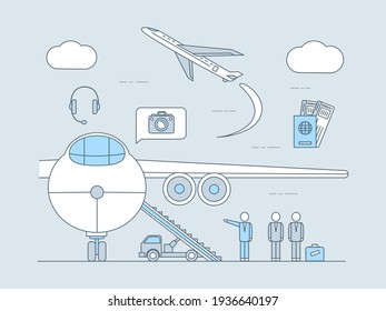 Air travel application vector outline illustration. Plane with ramp, flying plane, passports with tickets and airport staff. Online booking, traveling, transportation, or journey application concept.