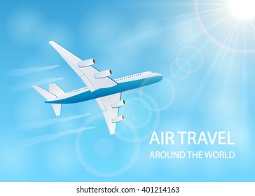 Air travel background with plane in the blue sky and vapor trail, illustration.