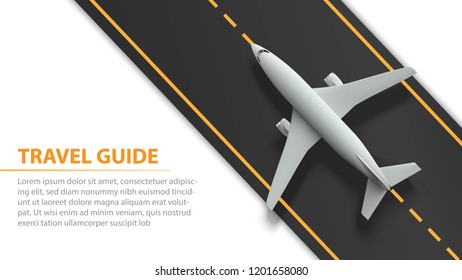 Air travel banner with plane on runway strip - vacation and travel design. Banner with airplane and runway strip. Vector illustration