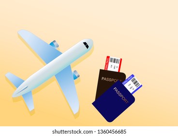 Air travel banner with plane and passport. Banner with airplane and vacation tickets. Vector illustration. EPS 10