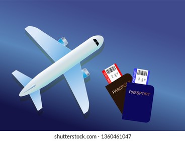 Air travel banner with plane and passport. Banner with airplane and vacation tickets. Vector illustration. EPS 10