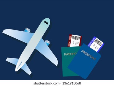 Air travel banner with plane and passport. Banner with airplane and vacation tickets. Vector illustration. EPS 10