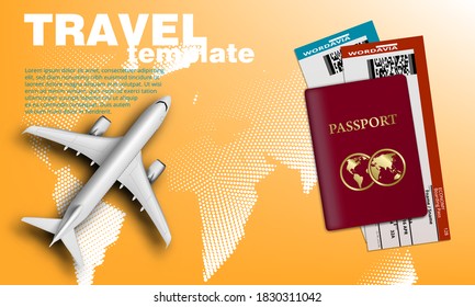 Air Travel Banner With Plane, Passport And Tickets. EPS10 Vector