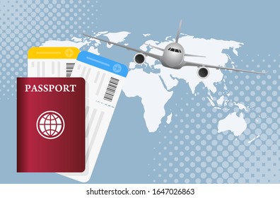 	
Air travel banner with plane world map and passport - vacation concept design. Banner with airplane and vacation tickets.