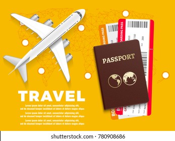 Air travel banner with plane world map and passport - vacation concept design. Banner with airplane and vacation tickets. Vector illustration