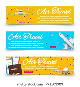 Air travel banners collection - international vacation banners. Collection of travel posters. Vector illustration