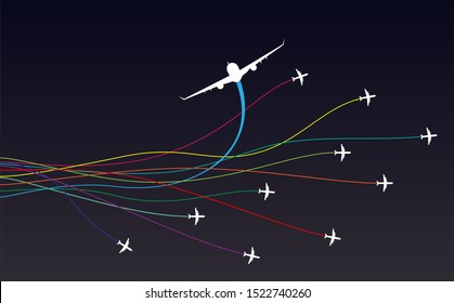 Air travel color lines with airplanes