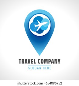 Air travel company map pointer. Location on map airplane and tourism agency vector logo concept. Airport and plane icon symbol