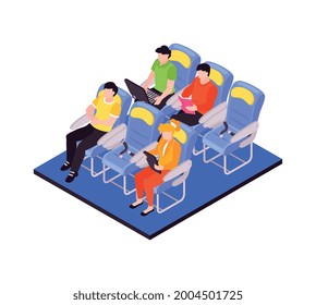 Composición de los viajes aéreos con los pasajeros leyendo y trabajando en la clase económica de ilustración vectorial isométrica