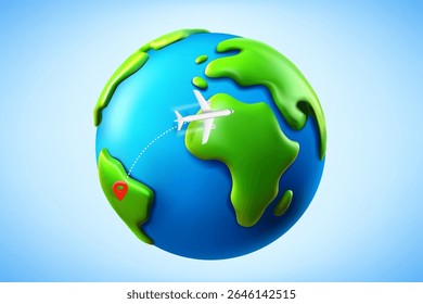 Air travel concept with aircraft and globe with map pin. 3d vector illustration