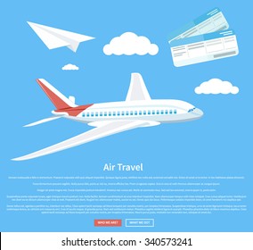 Air travel concept flying plane. Airplane and business travel, airline and air ticket, aircraft and transportation, aviation and cloud, tourism and journey, airliner illustration