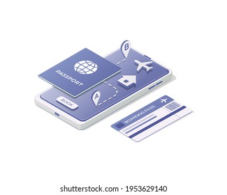 Air travel concept. National passport, boarding pass and smartphone. Colored isometric vector illustration. Isolated on white background.