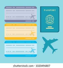 Air travel concept. ticket flight air plane and passport traveler. Stock flat vector illustration.