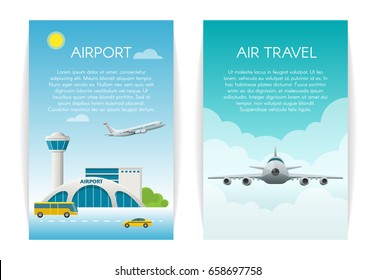 Air travel Concept web banner set. Arrivals at airport passenger terminal and flying commercial and private personal transport passenger jet. Airplane Takes Off. Business transport.