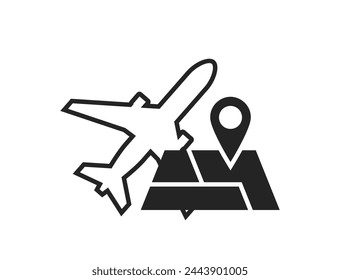 air travel destination icon. plane and map. vacation and journey symbol. black and white vector image for tourism design