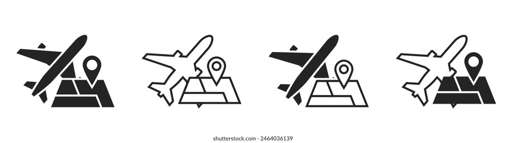 air travel destination icon set. plane and map with location pin. vacation and journey symbols. isolated vector images for tourism design
