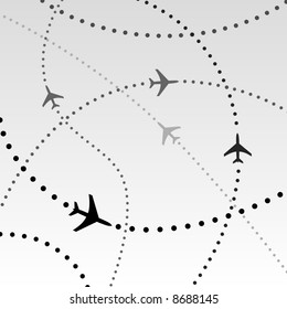 Air travel. Dotted lines are flight paths of commercial airline passenger jet airplanes. Abstract Illustration