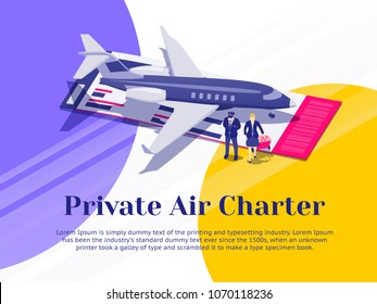 Air travel flat 3d isometric design concept. Private Jet Charter Flights. Pilot and stewardess stand near the plane. Banner for advertisement and website. Passenger Aircraft. Vector illustration