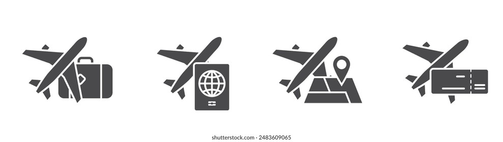 conjunto de iconos planos de viajes aéreos. avión con equipaje, pasaporte, billete de avión. símbolos de vacaciones y viaje. Imágenes vectoriales aisladas para el diseño turístico